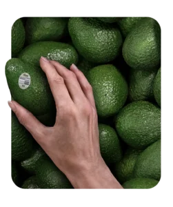 A hand grabbing some avocados from a pile